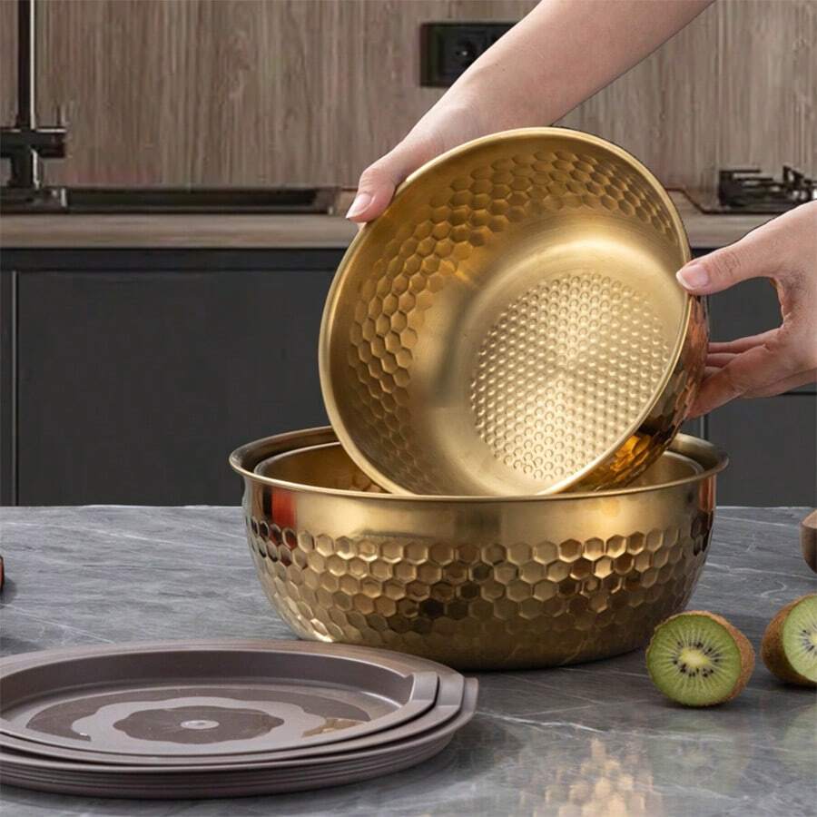 Stainless Steel Gold/Silver Salad Bowl, Vegetable & Fruit Salad Mixing Bowl, Baking Bowl, Hot Pot Bowl, Korean Commercial Dining Bowl, Plate & Tableware, Sauce Bowl, Kitchenware & Dining Supplies - Multicolor - View 1