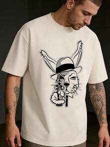 1件男士时尚百搭朋克兔子印花短袖T恤，夏季 - 杏色 - 查看 6
