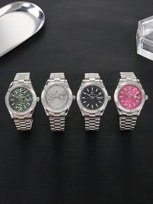 RICECGO 1pc Men's Quartz Watch Distinctive Textured Design For Standout Appeal Premium Stainless Steel Bracelet With Premium Feel Features Date Display Blends Business And Casual Styles With Personalized Infuses Outfits, Cool Energy - Silver - View 2