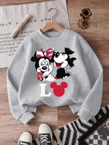 1pc Disney Valentine's Day Mickey Mouse & Minnie Mouse Sweet Laughing & Playful Graphic Tween Girls Cute Sweatshirt, Soft & Skin-Friendly, Perfect For Daily Wear & Valentine's Day Outings - 灰色 - 查看 1