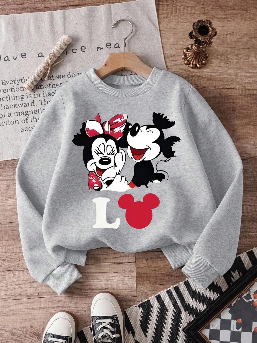 1pc Disney Valentine's Day Mickey Mouse & Minnie Mouse Sweet Laughing & Playful Graphic Tween Girls Cute Sweatshirt, Soft & Skin-Friendly, Perfect For Daily Wear & Valentine's Day Outings - 灰色 - 查看 1