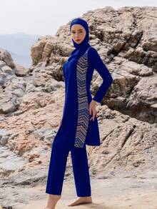 Bộ đồ bơi kín đáo 3 món gồm áo dài tay, quần dài và mũ trùm đầu, kiểu Trung Đông, đồ bơi kín đáo toàn thân cho nữ mùa hè đi biển. - Xanh đậm - Xem 5