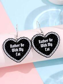 时尚创意设计独特精致小众闪亮字母“宁愿和我的猫在一起”黑色亮面链条蕾丝心形亚克力耳环，女士日常、派对、通勤、节日饰品 - 彩色 - 查看 5