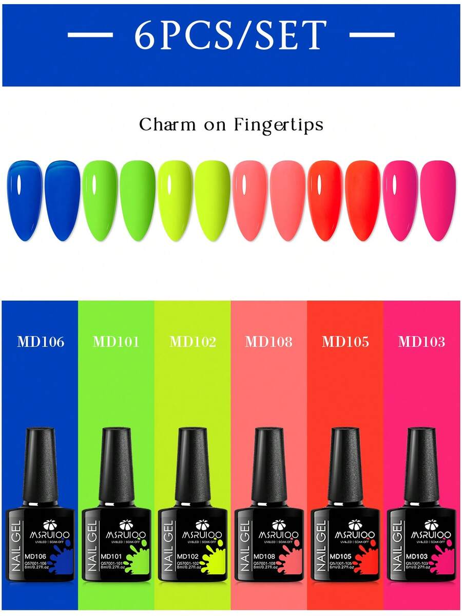 6件組/套 8ml 螢光美甲指甲油組，持久、無鉛、不含HEMA & TPO、可浸泡卸除UV凝膠美甲油，適合夏季美甲、美甲DIY美甲藝術設計，適用於美甲沙龍和居家美甲用品