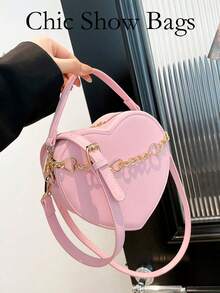 心形甜美手提包，饰有心形链条，哑光质感，女士单肩包，优雅情人节、新年搭配斜挎包 - 粉色 - 查看 1