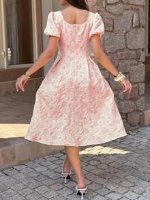 女士春夏优雅方领花瓣袖印花纹理腰部喇叭下摆中长连衣裙，适合度假、婚礼、派对等场合，粉色 - 粉色 - 查看 4