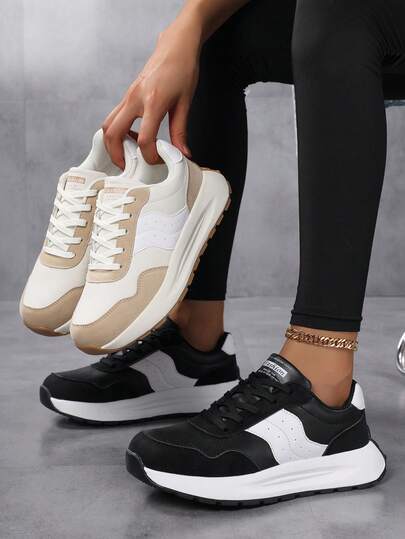 女士运动鞋，2026春季新款黑白撞色鞋，轻便舒适厚底休闲运动鞋，防滑运动休闲鞋，日常百搭复古拼接，增高显瘦，ins风，跑步鞋