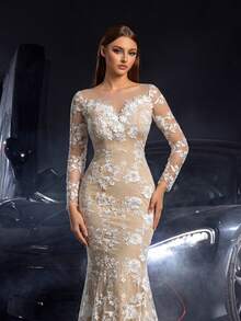 Faeriesty Elegant Mermaid Evening Gown With Sheer Floral Lace Overlay, Illusion Sleeves, And Open Back Design, Suitable For Weddings, Formal Events, And Red Carpet Occasions - White - View 5