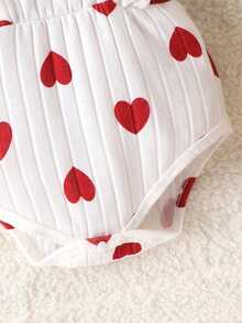 1pc Baby Girls Cute Heart Print Short Sleeve Bodysuit + Headband, Lightweight Summer Outfit - Red and White - View 5