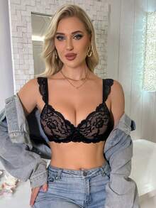 1pc Sexy Lace Semi-Sheer Back Hook Closure Women's Underwire Bra - Black - View 5