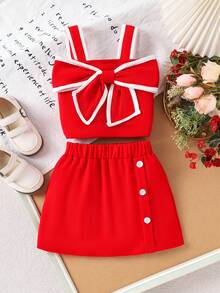 2pcs Young Girls Elegant Camisole Crop Top + Mini Skirt Set, Urban Chic Summer Outfit - Red - View 1