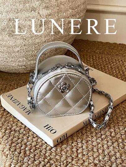 New Women Quilted Mini Metallic Shoulder Strap Camellia Floral Hardware Handbag Lipstick Pouch