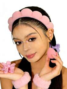 5pcs Women Sponge SPA Headband, Wristband Set With Large Flower Hair Clip, Hair Accessories Suit, Suitable For Party Gifts And Daily Use (For Better Photo Effect. The Actual Item Comes Without Packaging.) - Multicolor - View 14