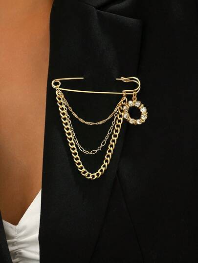 1pc Metal Chain Tassel Brooch, Hollow Rhinestone Flower Wreath Design Pendant Brooch Pin, Scarf Clip, Anti-Slip Clip, Fashionable Accessory For Suit Jacket, Suitable For Daily Wear, Party, Dance, Travel, Music Festival