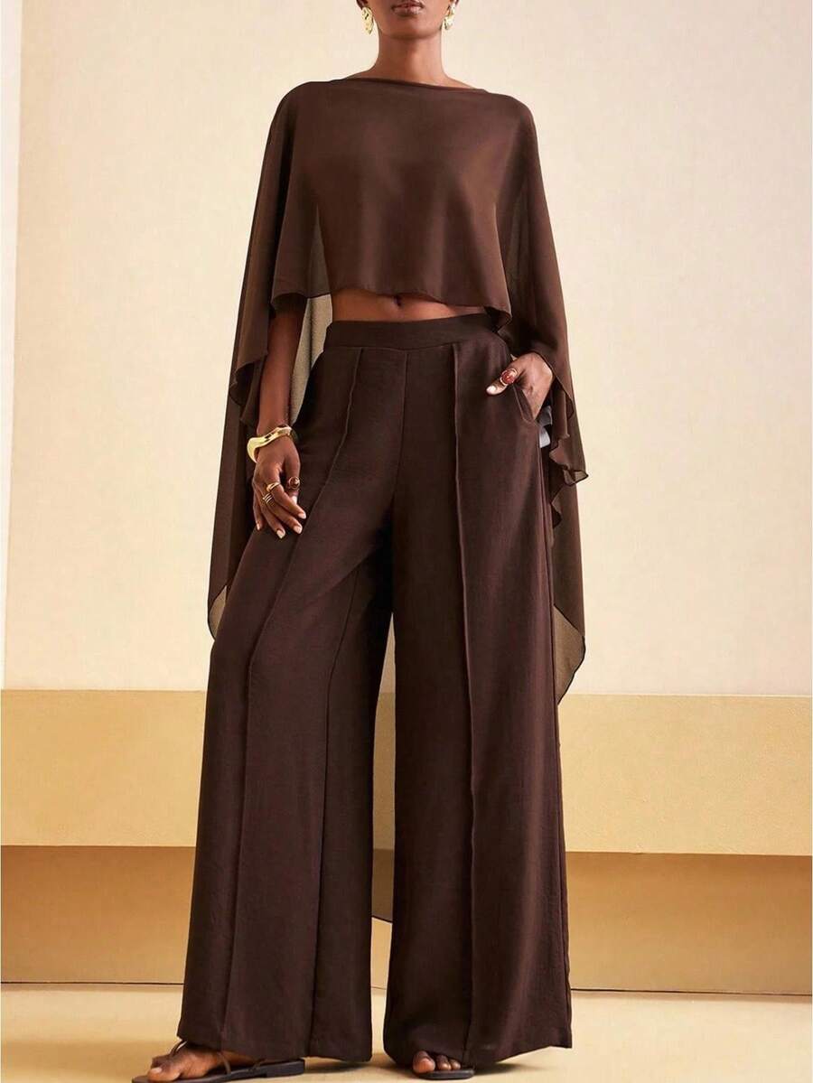 Women Chiffon Long Shawl Cape High Low Cape Sheer Mesh Poncho Top Flowy Capelets Coffee Color Going Out Cover Up For Beach Bridal Wedding Evening - 咖啡棕 - 查看 1