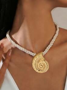 1件套编织绳3D条纹海星和螺旋贝壳项链套装，女士夏季海滩假日派对首饰 - 金黃色 - 查看 6