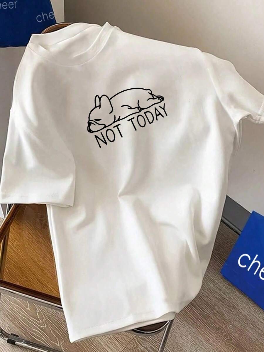 Áo thun tay ngắn cổ tròn in hình chú chó lười biếng, phong cách thường ngày, đa năng, in chữ "NOT TODAY" (Không phải hôm nay) - trắng - Xem 1