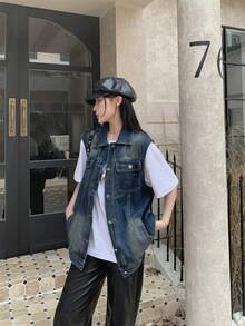 Vintage Minimalist Distressed Layered Loose Casual Sleeveless Denim Vest Jacket Summer - Blue - View 2