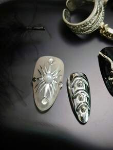 10片哥特朋克金属巴洛克风格亮银色、黑色、白色假指甲，DIY手工法式尖头哑光亮面美甲贴纸美甲用品 - 黑色 - 查看 5