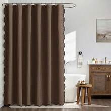 84\ Long Scalloped Shower Curtain Linen Textured With 12 Metal Hooks Cute Extra Long Heavy Duty Washable Waterproof Cloth Shower Curtains With Black Border For Bathroom Hotel Bathtub,Brown - 棕色 - 查看 3