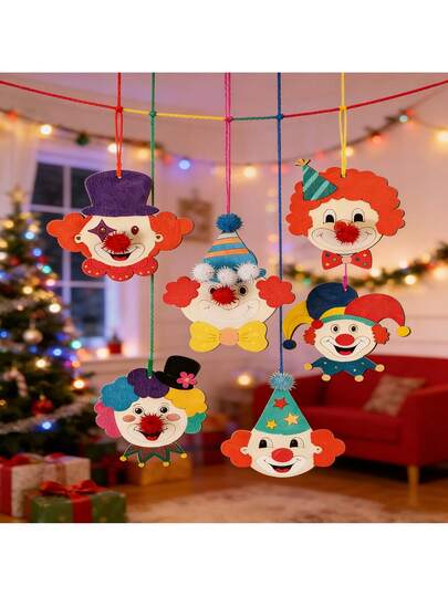 12件套嘉年华木制小丑装饰品 | 未上漆木制工艺品套装，可用于墙面和门面装饰，适用于嘉年华、马戏团主题派对、悬挂装饰