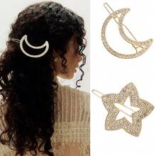 1pc Boho Metal Rhinestone Flower Hairclip Barrette - Gold Hollow Minimalist Half Moon Star Side Clip Pin, Decorative Hair Accessories For Women And Girls Headdress - Multicolor - View 1