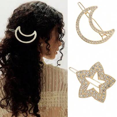 1件波西米亚风金属水钻花朵发夹 - 金色镂空极简半月星形侧夹，女士和女孩装饰发饰