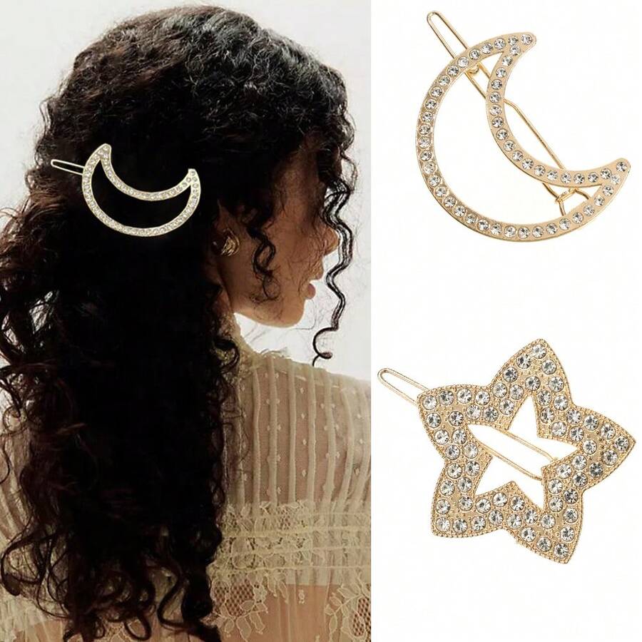 1pc Boho Metal Rhinestone Flower Hairclip Barrette - Gold Hollow Minimalist Half Moon Star Side Clip Pin, Decorative Hair Accessories For Women And Girls Headdress - Multicolor - View 1