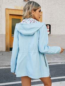Giolshon Women's Reversible Hooded Jacket With Double-Sided Butter Yellow Printed Design, Casual Fashion Layering For Autumn/Winter Spring - Baby Blue - View 2