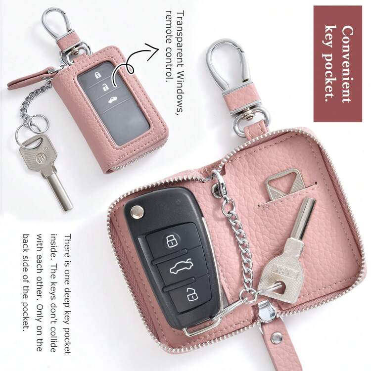 Fashionable Multi-Functional Smart Key Pouch, Unisex, Letter Embossed Design, Transparent Window, Zipper Closure, Compatible With Smart Keys, With Carabiner, Cute Style, Suitable For Commuting And School Use - Pink - View 3