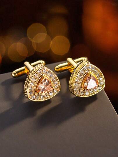 1 Pair Luxurious Rhinestone Copper Geometric Cufflinks - French Style For Men, Perfect For Festive Occasions, Banquets, And Weddings