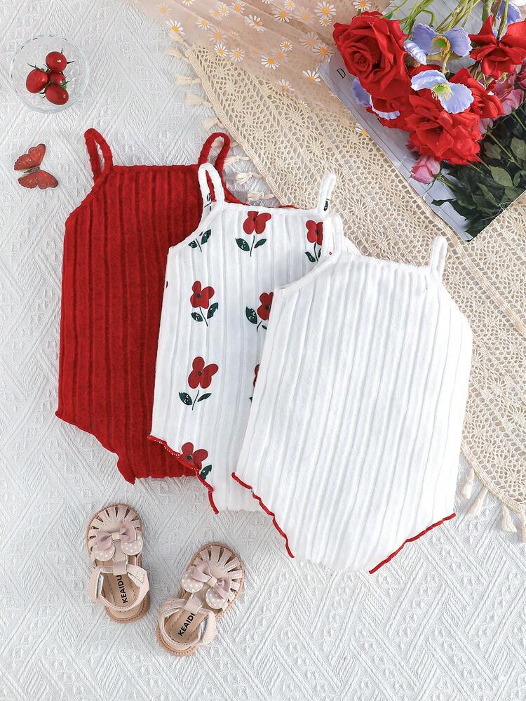 3pcs Baby Outfit Set, Soft & Comfortable Minimalist Ribbed Floral Print Romper Bodysuit Combination, Suitable For Babies Outdoor Wear In Summer - White - View 2