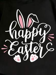 女童短袖T恤，复活节兔子耳朵卡通双面印花，休闲圆领童装 - 黑色 - 查看 3