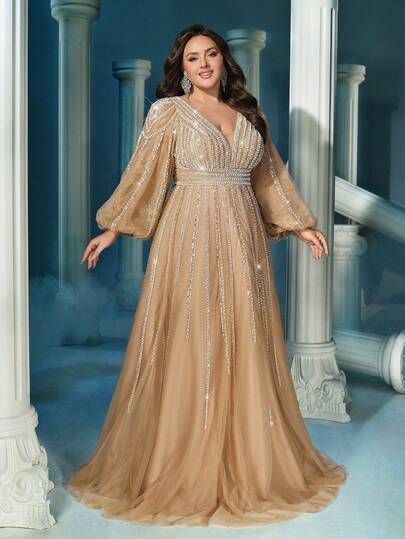 Plus Size Women's Elegant Formal Evening Dress, Deep V-Neck, Beaded Bishop Sleeves, Flared Skirt, Backless Design, Woven Fabric