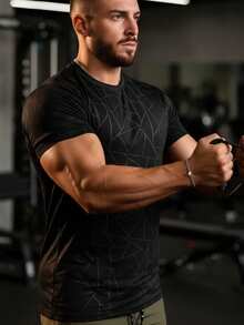 男士运动T恤，圆领，轻薄，休闲，速干运动上衣，夏季黑色 - 黑色 - 查看 4