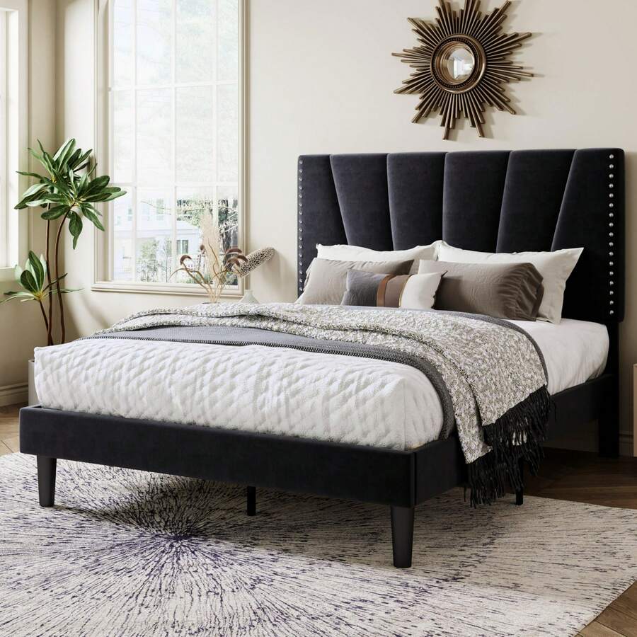 Allewie Full/Queen/King Size Bed Frame With Adjustable Velvet Upholstered Headboard, Rivet-Style Nailhead Trim Detail Platform Bed Frame, Wooden Slat Support, No Box Spring Needed, Easy Assembly, Black - màu đen - Xem 1