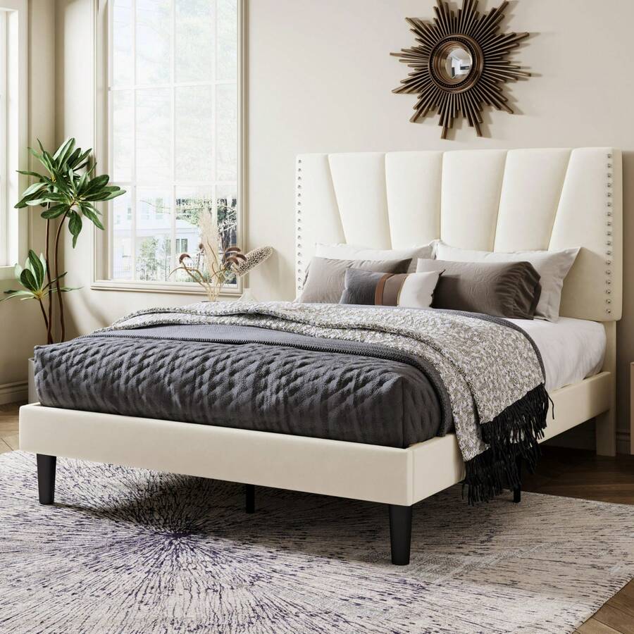Allewie Full/Queen/King Size Bed Frame With Adjustable Velvet Upholstered Headboard, Rivet-Style Nailhead Trim Detail Platform Bed Frame, Wooden Slat Support, No Box Spring Needed, Easy Assembly, Cream White - Cream White - 查看 1