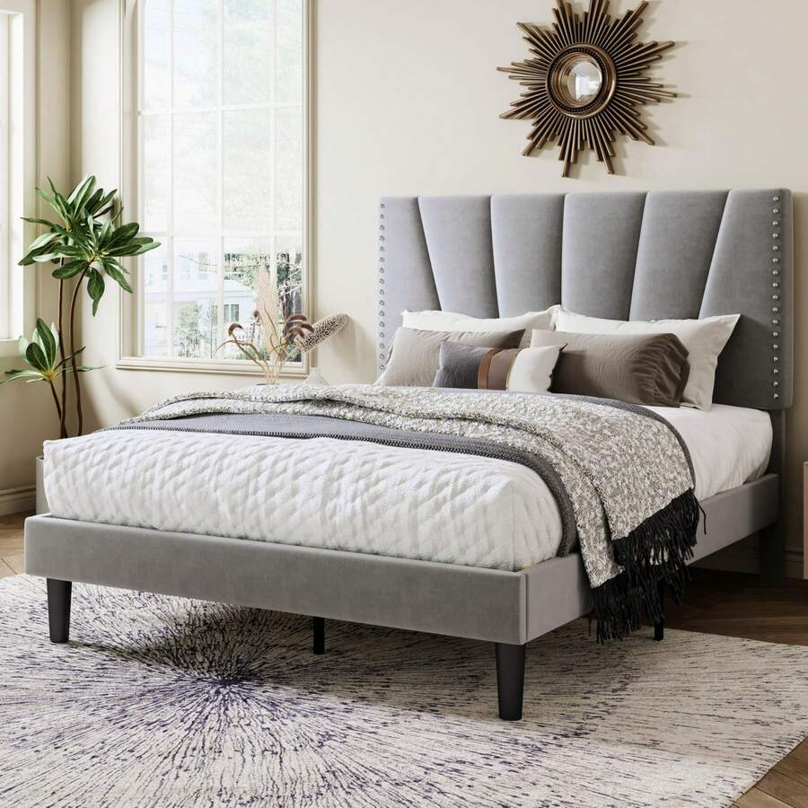 Allewie Full/Queen/King Size Bed Frame With Adjustable Velvet Upholstered Headboard, Rivet-Style Nailhead Trim Detail Platform Bed Frame, Wooden Slat Support, No Box Spring Needed, Easy Assembly, Grey - 灰色 - 查看 1