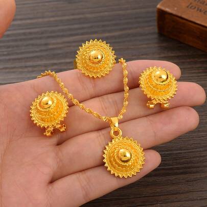 Set de 3 piezas de joyería africana/árabe de color dorado/plateado, con diseño clásico y suave, multicapa, incluyendo aretes, anillo y collar, para uso diario minimalista, ideal como regalo para fiestas, festivales, cumpleaños y bodas en Oriente Medio para mujeres
