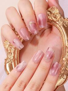 16片半固化凝胶美甲贴纸，优雅精致的裸粉色波浪金线设计水晶美甲贴纸，柔和色调搭配金色装饰，沙龙品质，需配合UV灯使用，适合女性和女孩日常通勤、约会、DIY快速美甲，时尚美甲用品 - 西瓜粉 - 查看 7