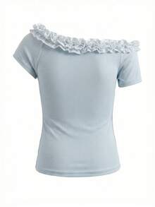 独特设计的层叠荷叶边不对称肩部T恤，女士款，防皱，收腰，修身剪裁，夏季款 - 藍色 - 查看 8