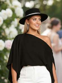 Women's Plus Size Flowy Tops Fashionable Solid Color Batwing Sleeve Off One Shoulder Loose Fit Blouse For Casual Daily Wear - màu đen - Xem 5