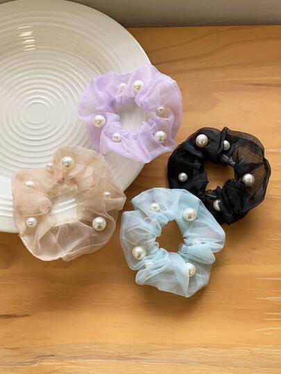 4pcs Soft Mesh Dotted Faux Pearl Hair Scrunchies, Candy Colors High Elasticity Non-Damaging Hair Ties, Elegant & Versatile