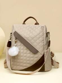 【黑巧克力焦糖格纹双肩包】2026春季新款双肩包、单肩包、手提包，带毛球挂饰，防盗设计，完美适用于办公室、通勤、学校，多功能学院风双肩包、笔记本电脑包、女士包 - A - 查看 12