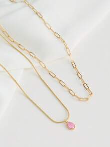 2件套简约休闲女士项链，粉色椭圆形立方氧化锆吊坠格子项链（链扣和珠子数量随机） - 金黃色 - 查看 3