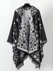 一件保暖舒适的心形星形提花连帽流苏披肩 - 彩色 - 查看 9