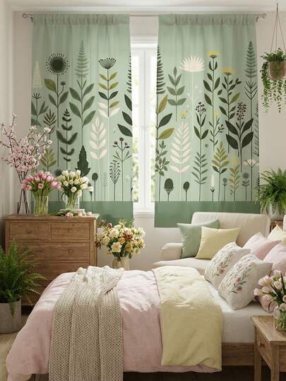 2pcs-Minimalist Botanical Sheer Curtains: Sage Green Wildflower & Leaf Print Design – Light-Filtering Fabric Ideal For Bedroom/Living Room/Dining Room Window Decor, Spring Seasonal Home Accent & Nature-Inspired Daily Decor