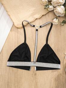 1pc Women's Bra With Silver Spaghetti Straps And Y-Back Design, Casual And Comfortable - Black - View 6