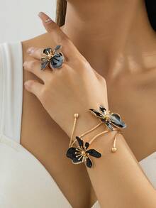 2pcs/Set Women's Floral Bracelet & Ring Set, Elegant Style For Summer Party, Wedding, Holiday, Gift For Friends & Family - Pink - View 11