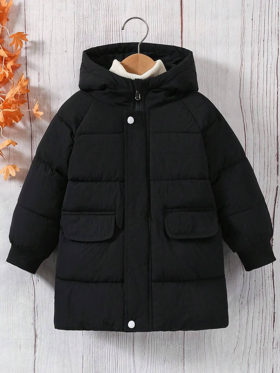 Boys' Casual Thickened Long Sleeve Hooded Padded Coat, Fashionable School Style For Autumn/Winter - Black - View 1